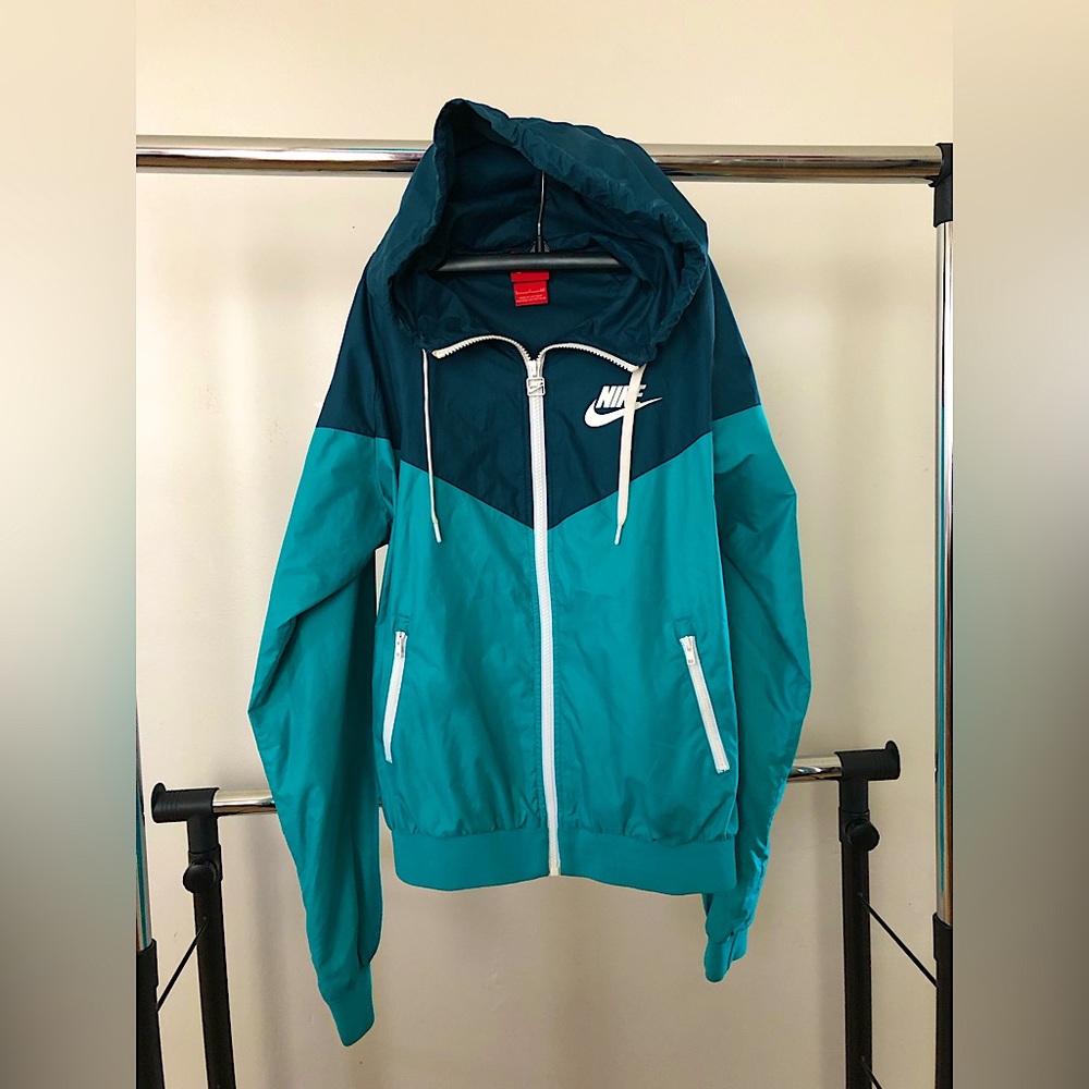 Nike Womens Zip Up Hooded Jacket Long Sleeve Windbreaker aqua Colorblock Size S